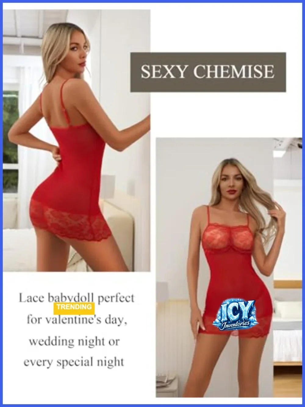Lace Mesh Babydoll Chemise Nightgown with V-Neck and Adjustable Straps